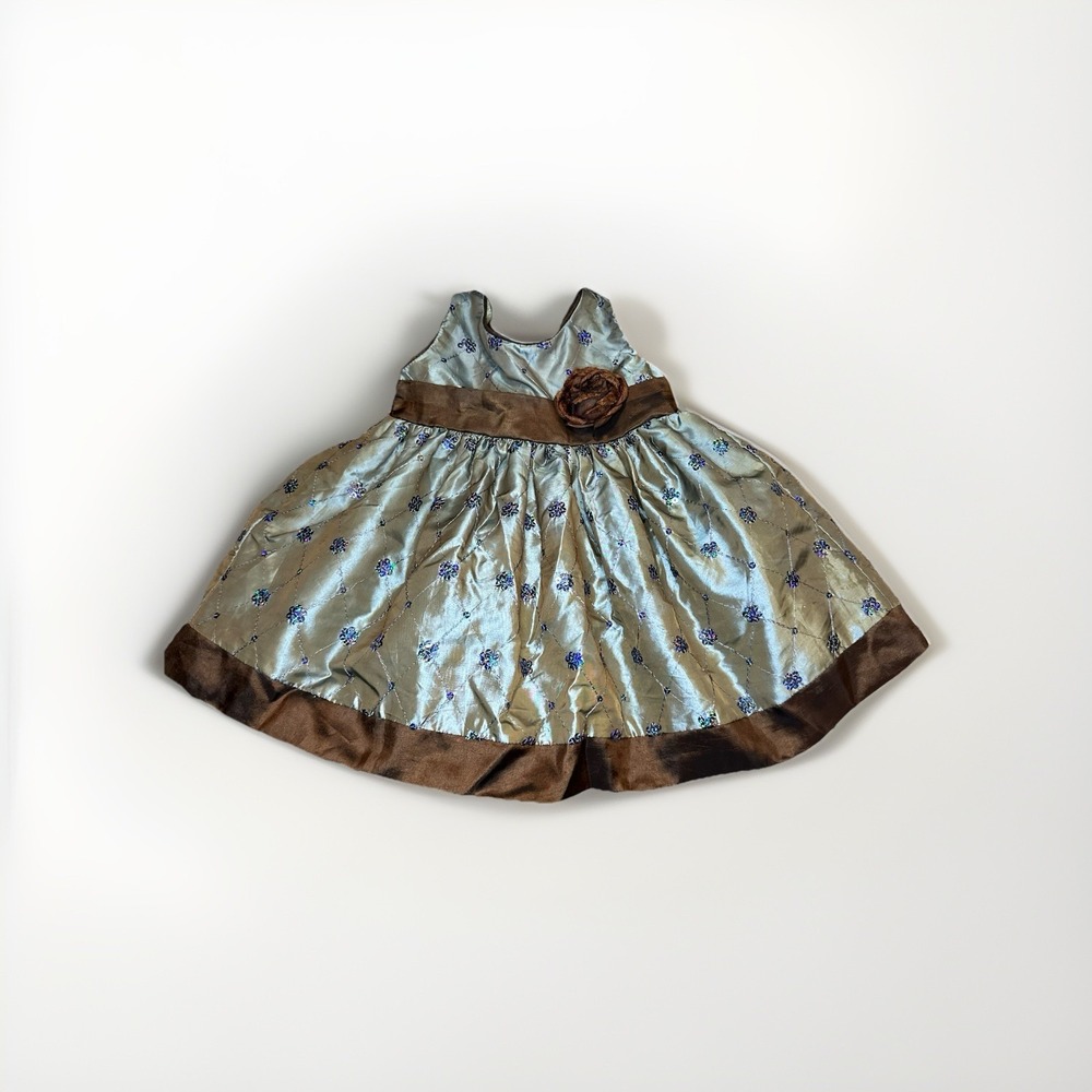 Good Girl USA Toddler Formal Dress‎ Sz S Gray Blue Sequin Brown Trim Party